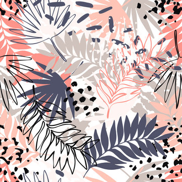 Abstract exotic leaves seamless pattern.