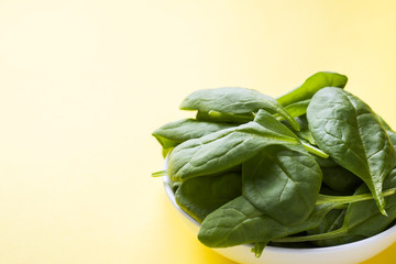 Fresh spinach leaves in a plate on a yellow background.