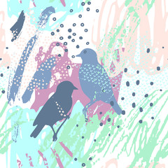 Illustration vectorielle moderne avec des feuilles en pointillés, paire d& 39 oiseaux silhouette, scrabbles, textures grunge, coups de pinceau rugueux, griffonnages.