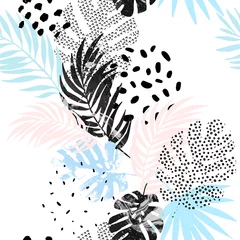Foto op Plexiglas Grafische prints Kunst illustratie: ruwe grunge tropische bladeren gevuld met marmeren textuur, doodle elementen achtergrond.