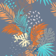 Ingelijste posters Kunst illustratie: ruwe grunge tropische bladeren gevuld met marmeren textuur, doodle elementen achtergrond. © Tanya Syrytsyna