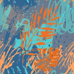 Zelfklevend Fotobehang Kunst illustratie: ruwe grunge tropische bladeren gevuld met marmeren textuur, doodle elementen achtergrond. © Tanya Syrytsyna
