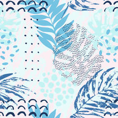 Dessin tropical abstrait dans une palette de couleurs pastel froides.