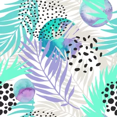 Photo sur Plexiglas Impressions graphiques Fond floral et géométrique avec des feuilles de palmier, doodle, texture aquarelle, taches, formes des années 80 et 90
