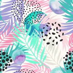 Poster Bloemen- en geometrische achtergrond met palmbladeren, doodle, aquareltextuur, vlekken, vormen uit de jaren 80 en 90 © Tanya Syrytsyna