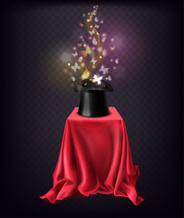 Shining butterflies flying out from black top hat standing on stand covered with red silk cape 3d realistic vector isolated on transparent background. Magical illusion, illusionist performance
