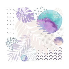 Cercles muraux Impressions graphiques Illustration vectorielle moderne avec des feuilles tropicales, grunge, marbrure, textures aquarelles, griffonnages, éléments minimaux