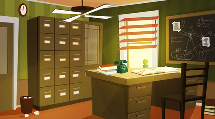 Private detective office interior cartoon vector with retro telephone and papers on work desk, case for dossiers, chalkboard with schemes and suspects photos illustration. Company clerk workplace