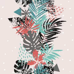 Photo sur Plexiglas Impressions graphiques Illustration d& 39 art avec des feuilles tropicales, grunge, textures marbrées, griffonnages, éléments géométriques et minimaux.