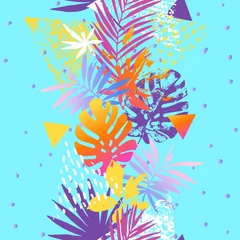 Foto op Plexiglas Grafische prints Moderne illustratie met tropische bladeren, marmering texturen, doodles, geometrische, minimale elementen.
