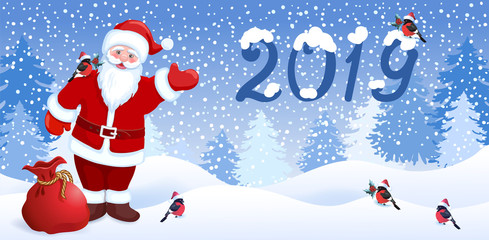 Сartoon Santa Claus with Christmas gift bag    and bullfinch on his shoulder shows his hand on the inscription 2019