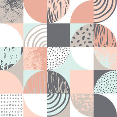 Fototapety  Nowoczesny geometryczny wzór bez szwu: półkola, koła, kwadraty, tekstury grunge, gryzmoły