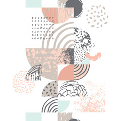 Modern seamless geometric pattern: semicircles, circles, squares, grunge textures, doodles