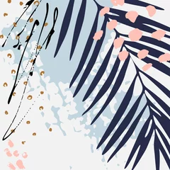 Deurstickers Moderne vectorillustratie met tropische bladeren, grunge textuur, doodles, minimale elementen. © Tanya Syrytsyna