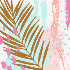 Illustration vectorielle moderne avec des feuilles tropicales, texture grunge, griffonnages, éléments minimaux.