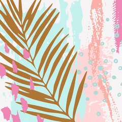 Photo sur Plexiglas Impressions graphiques Illustration vectorielle moderne avec des feuilles tropicales, texture grunge, griffonnages, éléments minimaux.