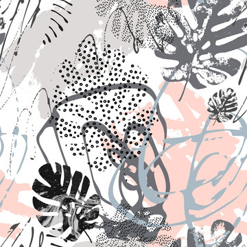 Modern art illustration with tropical leaves, grunge, marbling textures, doodles, geometric, minimal elements.