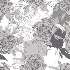 Line sketch peonies seamless pattern in black and white colors
