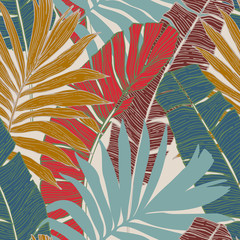 Fototapety  Ręcznie rysowane streszczenie tropikalne lato tło: palmy i liście bananowca w sylwetce, grafika liniowa