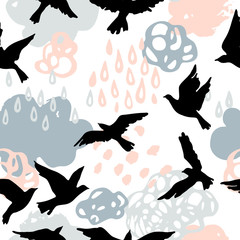Cool watercolour rainy clouds, raindrops, flying birds background in scandinavian style