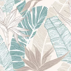 Foto auf Acrylglas Grafikdrucke Handgezeichneter abstrakter tropischer Sommerhintergrund: Palmen- und Bananenblätter, Vogel-im-Paradies-Blume in Silhouette, Strichzeichnungen