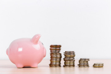 Money accumulation concept. Money and piggy bank isolated on white background