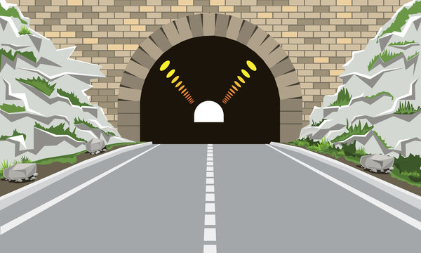 Fototapeta Tunnel and highway with flat and cartoon style. High detailed vector illustration.