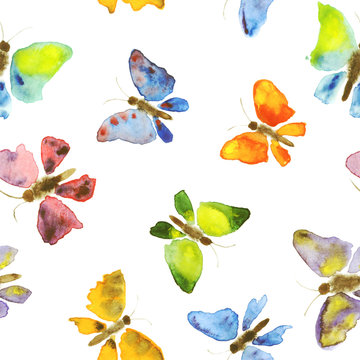 Butterflies watercolor seamless pattern. Hand drawing on white background. Hand painting colorful texture summer or spring. Set of art brush butterflies. Fabric, silk textile or wrapping paper design