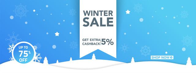 Winter sale banner template with snow flakes, ice snow shopping sale. end of winter Vector illustration