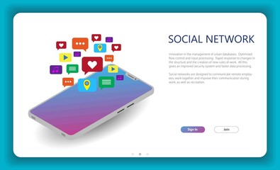 Social media networking with mobile smart phone mock up isometric web page template vector illustration.