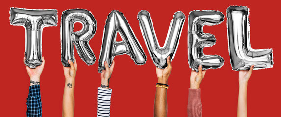 Hands showing travel balloons word