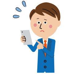 ポップな青いスーツのサラリーマン　スマホを見て困る