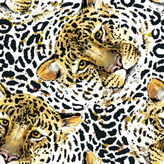 Leopard pattern design, watercolor jaguar illustration. wild animal skin seamless background. tropical nature.