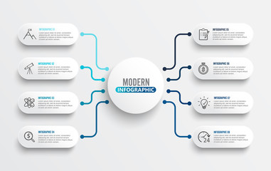 Vector infographic template with 3D paper label, integrated circles. Business concept with 8 options. For content, diagram, flowchart, steps, parts, timeline infographics, workflow, chart.