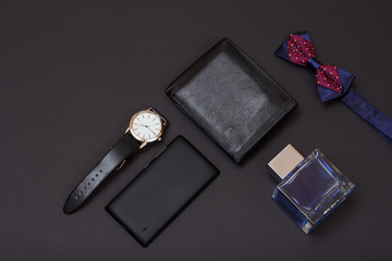 Set of men accessories in business style. Luxury businessman attributes.