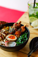Chicken Ramen Noodle Soup. Shooting in a restaurant, close-up.