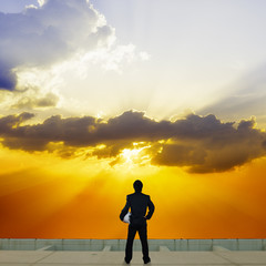 Obraz premium businessman stand on roof top of skyscrabber with beautiful twilight sky