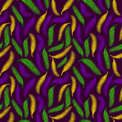 Nature seamless pattern of palms or feather. Color of Mardi Gras. © olga_milagros