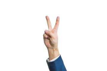 businessman,two fingers on the hand of a man in a suit, on a white background