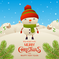 Cute cartoon snowman character Merry Christmas and Happy New Year background