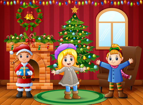 Cartoon of Happy kids in the living room with christmas and new year decoration