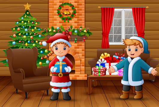 Cartoon of Santa holding a gift box and a boy in the living room