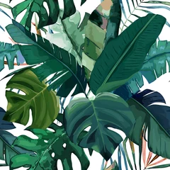 Tapeten Tropisch Satz 1 Dschungel exotisches nahtloses Muster, grüne tropische Blätter, Sommervektorillustration auf weißem Hintergrund. Aquarell-Stil