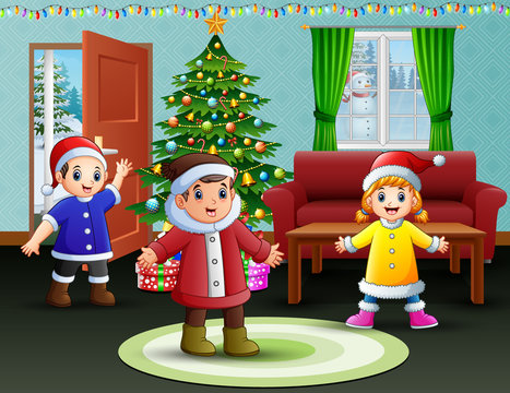 Happy kids celebration a christmas in the home