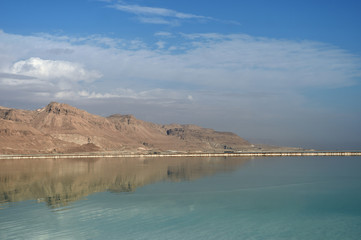Dead Sea seashore in the morning in sunny weather