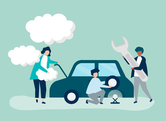 People exchanging a car tire