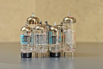 Group of old technology, electronic vacuum tube lamp. Front view