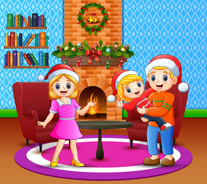Cartoon of happy family in the living room