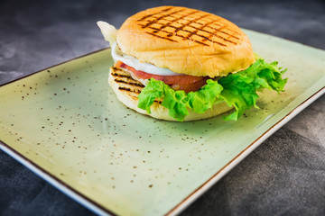 Delicious tasty hamburger with egg, lettuce and salmon fish