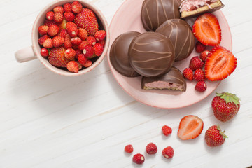 chocolate  cookies with strawberry on white  background